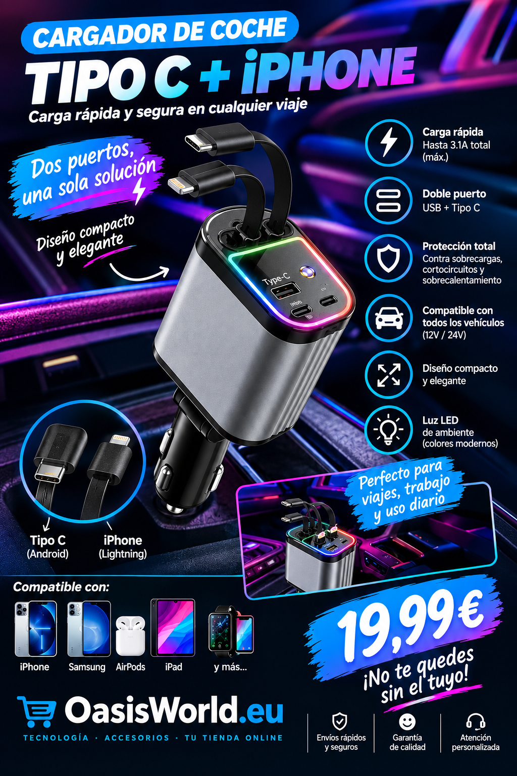 Cargador de coche 4 en 1 con luz de estrellas y cable retráctil - foto 2