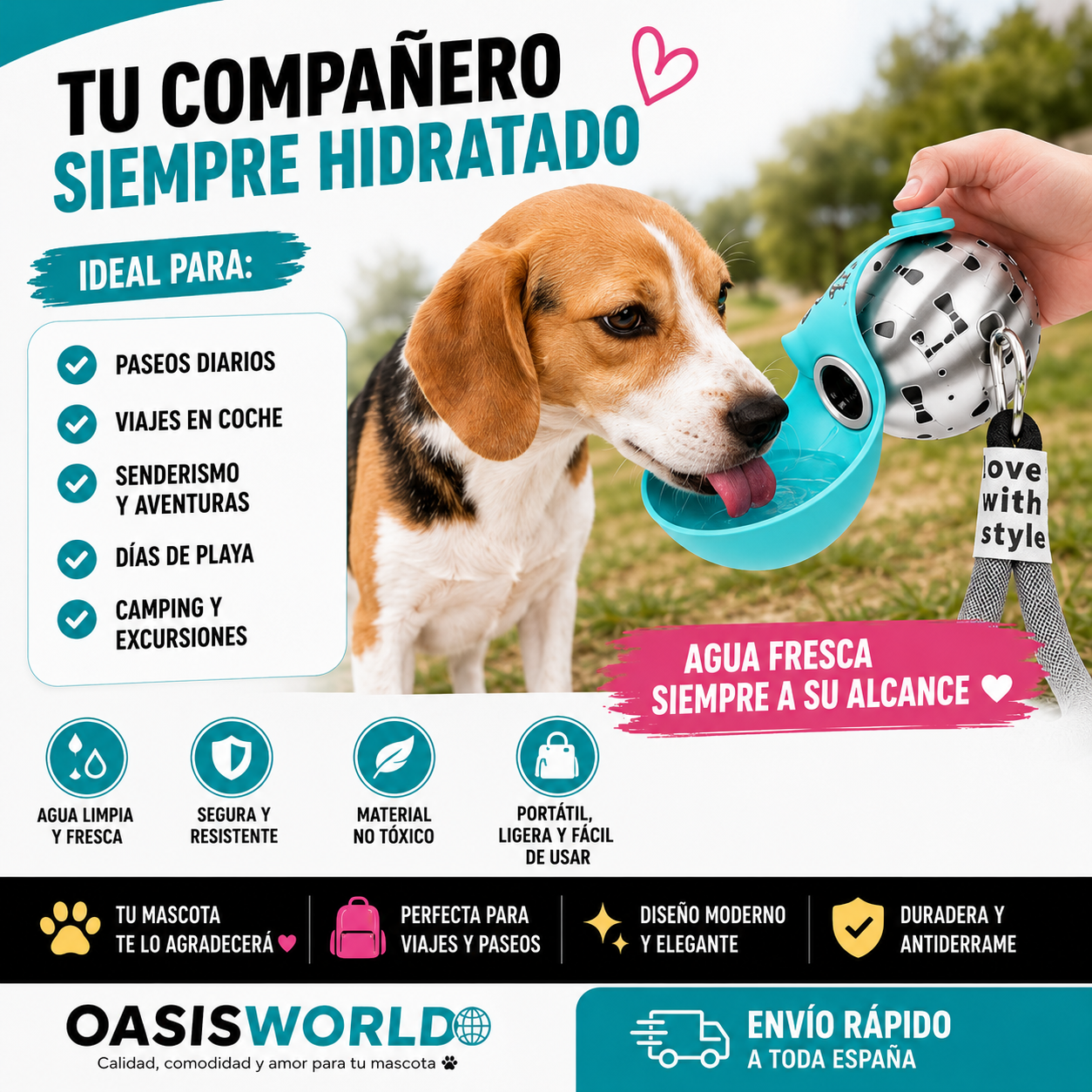 Botella de Agua para Perro con Tazón de Silicona Extraíble | Acero Inoxidable 285ml Antigoteo