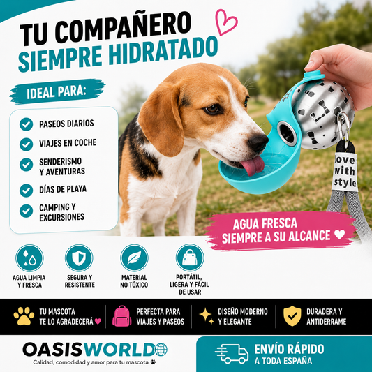 Botella de Agua para Perro con Tazón de Silicona Extraíble | Acero Inoxidable 285ml Antigoteo