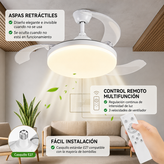 Ventilador de Techo Invisible con Luz LED y Mando a Distancia – Casquillo E27