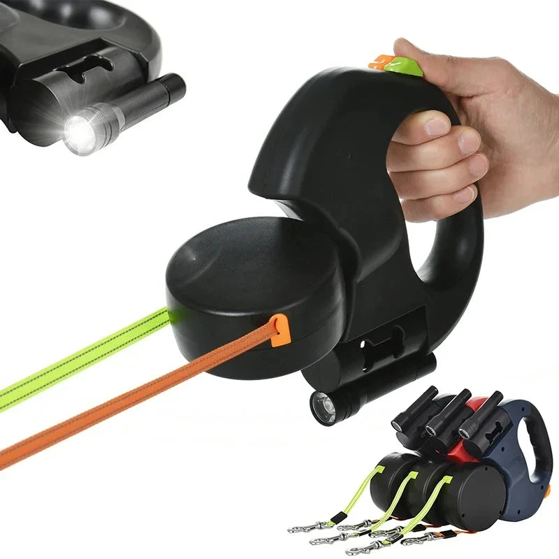 Correa Retráctil Doble para Perros 3m | Linterna LED + Dispensador de Bolsas | Rotación 360°