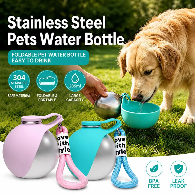 Botella de Agua Portátil para Perros 285ml — Acero Inoxidable 304 con Tazón de Silicona Plegable, Antigoteo