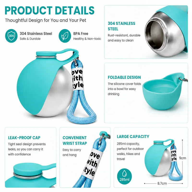 Botella de Agua Portátil para Perros 285ml — Acero Inoxidable 304 con Tazón de Silicona Plegable, Antigoteo