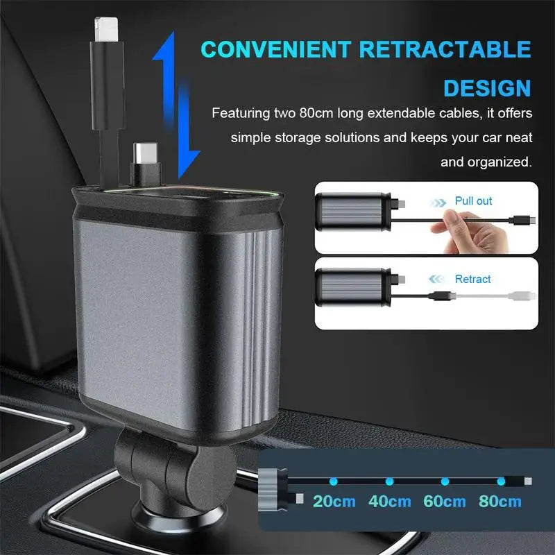 Cargador de Coche 4 en 1 con Luz de Estrellas y Cable Retráctil