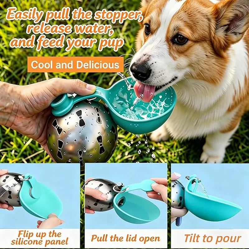 Botella de Agua para Perro con Tazón de Silicona Extraíble | Acero Inoxidable 285ml Antigoteo