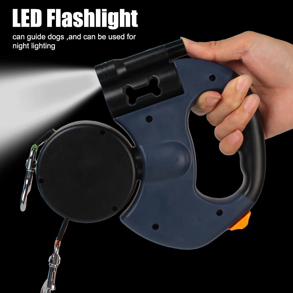 Correa Retráctil Doble para Perros 3m | Linterna LED + Dispensador de Bolsas | Rotación 360°
