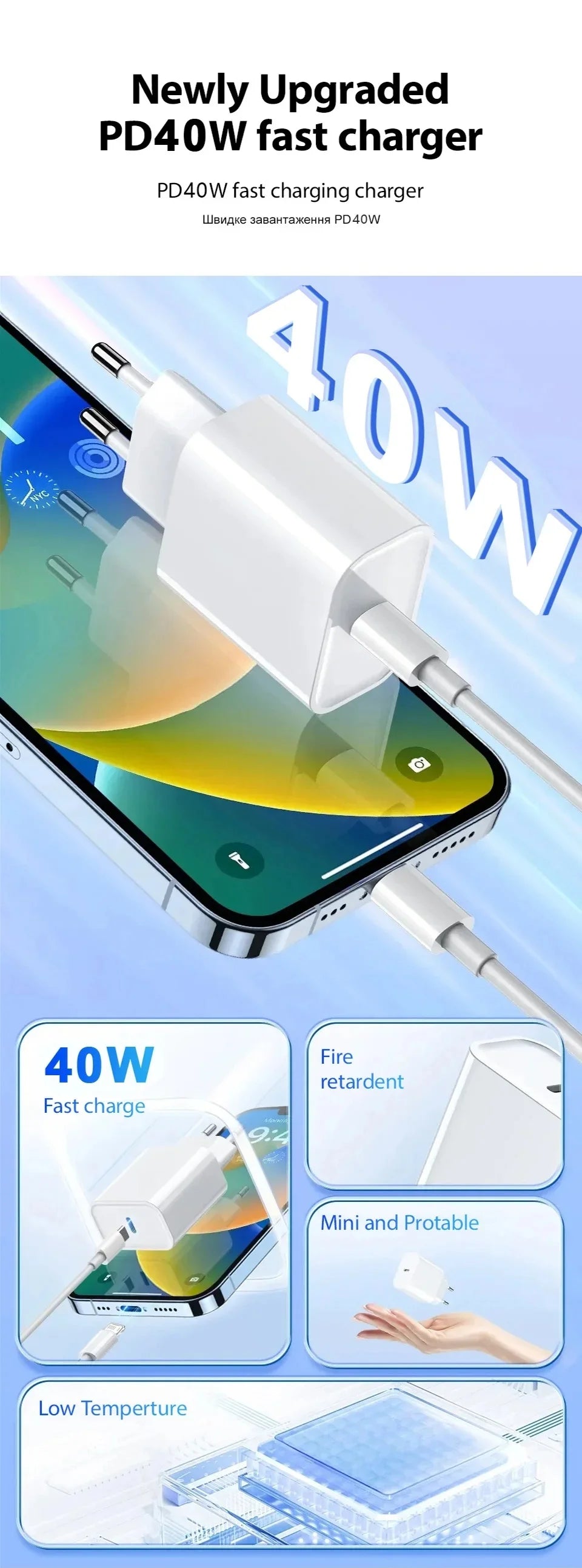 Cargador Rápido PD 40W GaN con Cable Trenzado USB-C | Para iPhone y Android