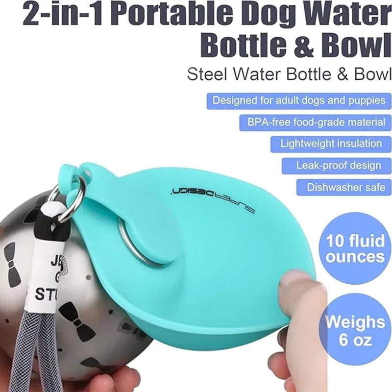 Botella de Agua para Perro con Tazón de Silicona Extraíble | Acero Inoxidable 285ml Antigoteo