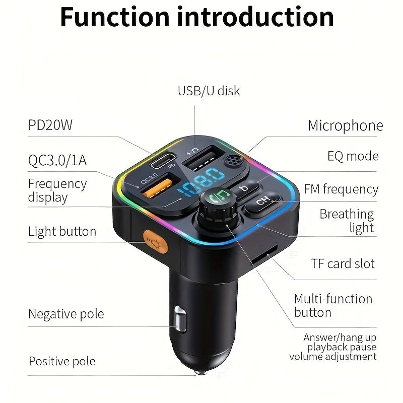 Transmisor FM Bluetooth 5.3 para Coche | Manos Libres y Carga Rápida PD 20W + QC 3.0