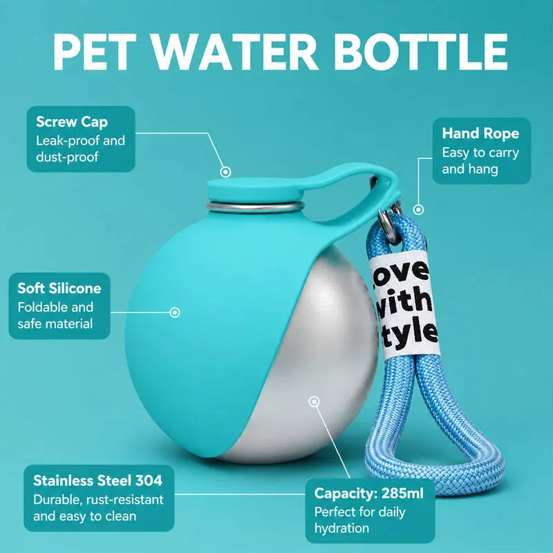 Botella de Agua Portátil para Perros 285ml — Acero Inoxidable 304 con Tazón de Silicona Plegable, Antigoteo