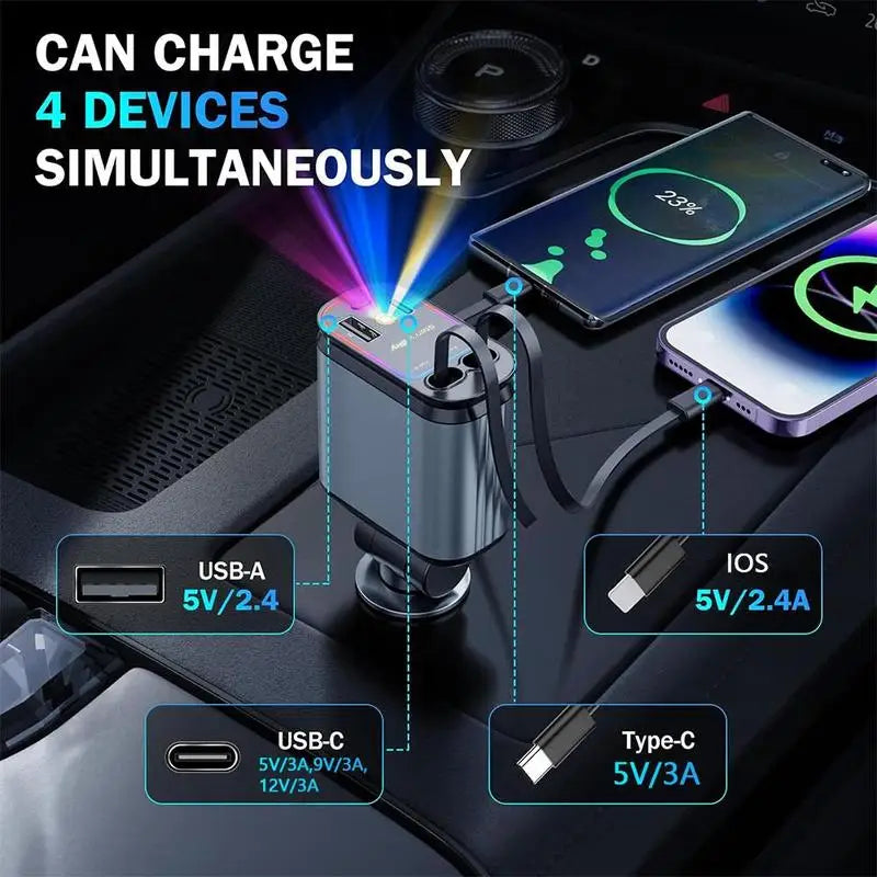 Cargador de Coche 4 en 1 con Luz de Estrellas y Cable Retráctil