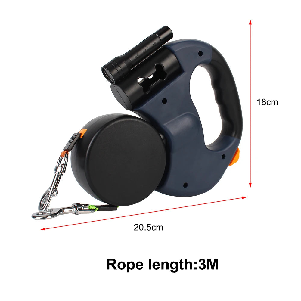 Correa Retráctil Doble para Perros 3m | Linterna LED + Dispensador de Bolsas | Rotación 360°