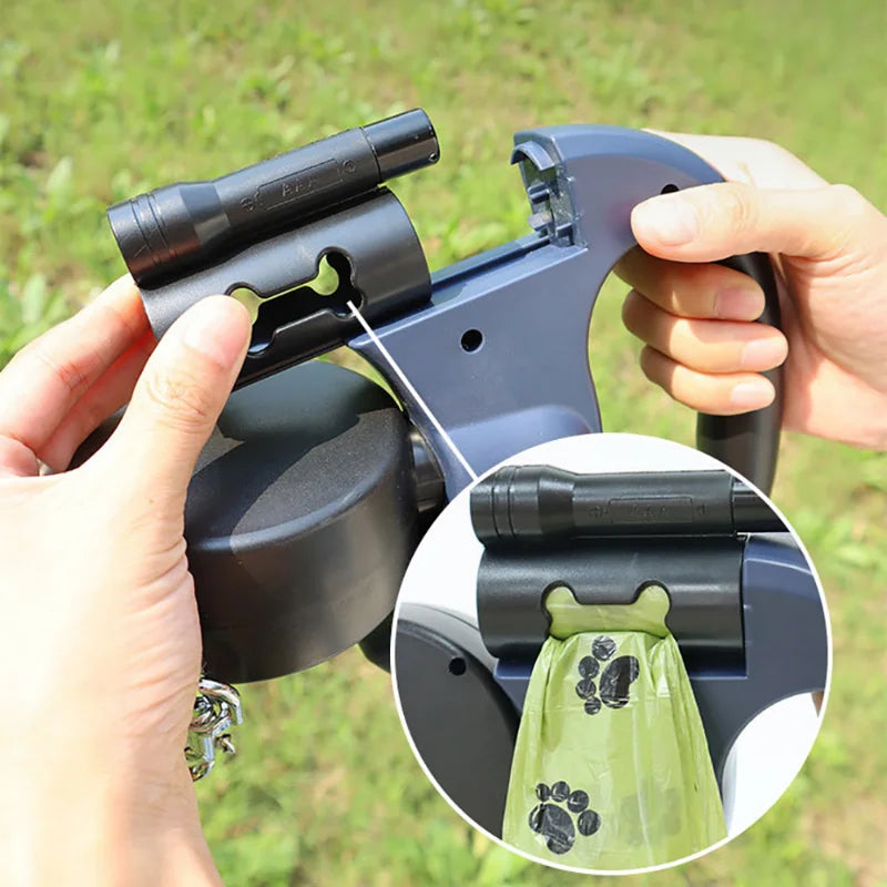 Correa Retráctil Doble para Perros 3m | Linterna LED + Dispensador de Bolsas | Rotación 360°