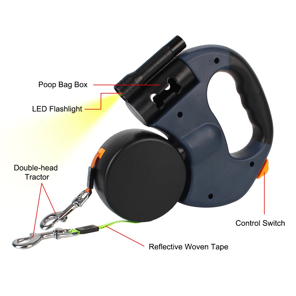 Correa Retráctil Doble para Perros 3m | Linterna LED + Dispensador de Bolsas | Rotación 360°