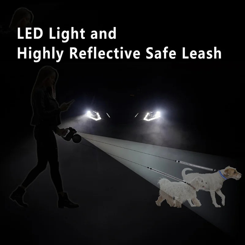 Correa Retráctil Doble para Perros 3m | Linterna LED + Dispensador de Bolsas | Rotación 360°