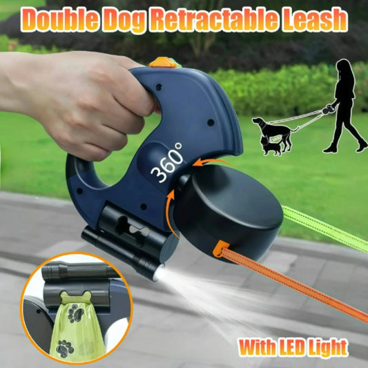 Correa Retráctil Doble para Perros 3m | Linterna LED + Dispensador de Bolsas | Rotación 360°