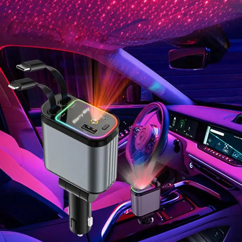 Cargador de Coche 4 en 1 con Luz de Estrellas y Cable Retráctil