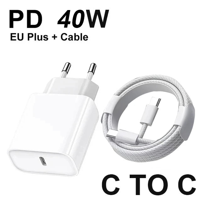 Cargador Rápido PD 40W GaN con Cable Trenzado USB-C | Para iPhone y Android