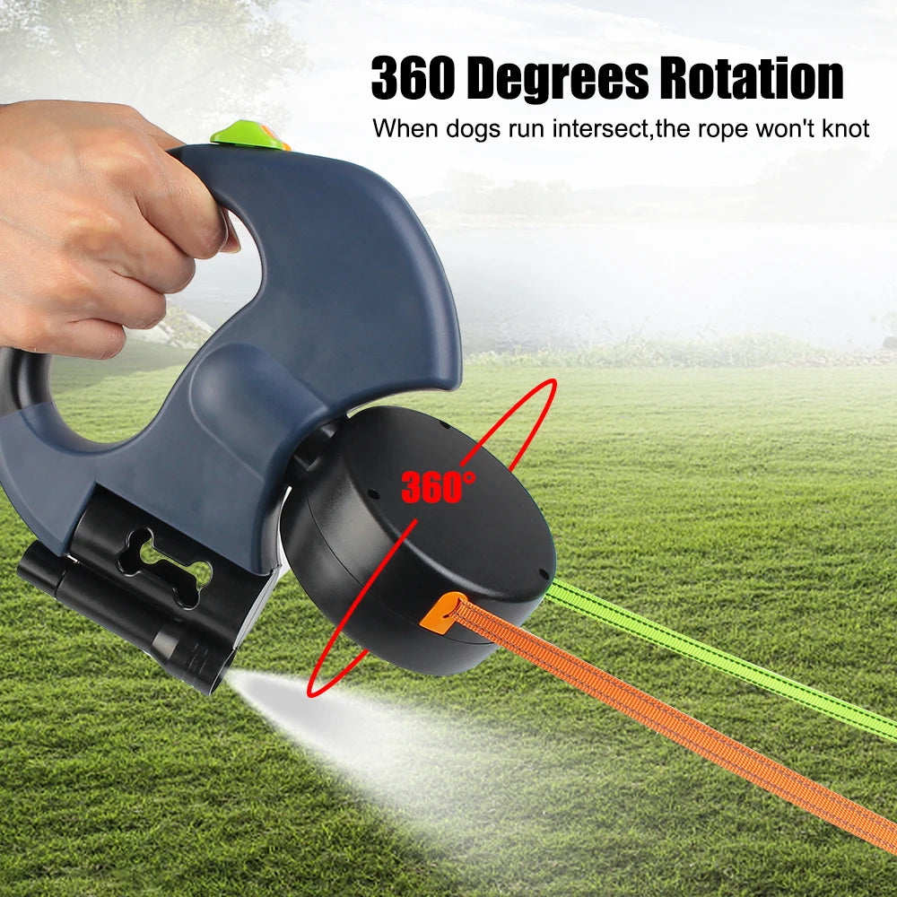 Correa Retráctil Doble para Perros 3m | Linterna LED + Dispensador de Bolsas | Rotación 360°