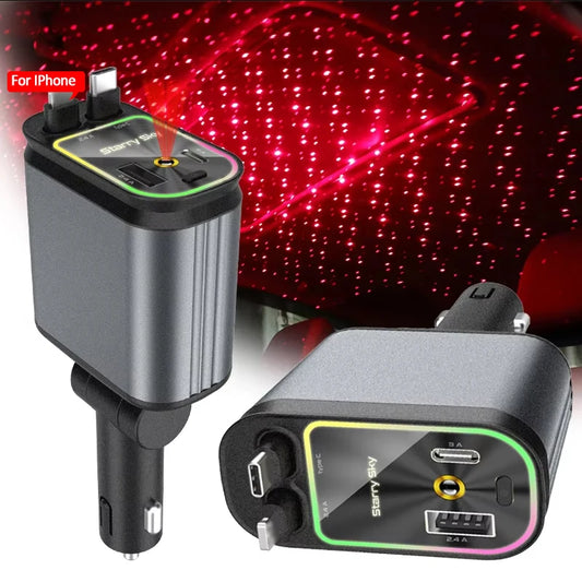Cargador de coche retráctil de 120 W Cargador rápido USB+PD30W Adaptador de corriente Cargador de teléfono 4 en 1 con techo Starlight para teléfono Android IOS