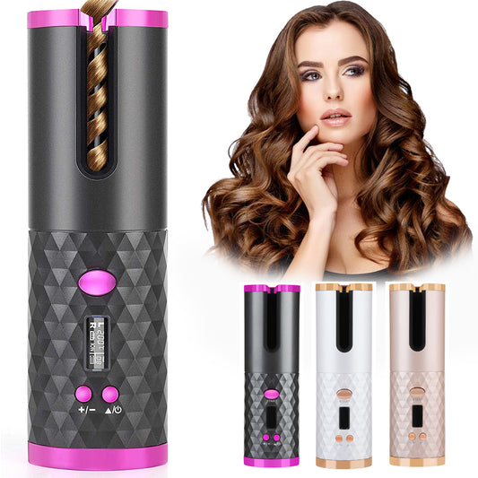 Rizador de pelo inalámbrico para ondas y rizos Pantalla LCD portátil 6 configuraciones de calor y temporizadores Rizador automático inalámbrico para viajes y uso doméstico.